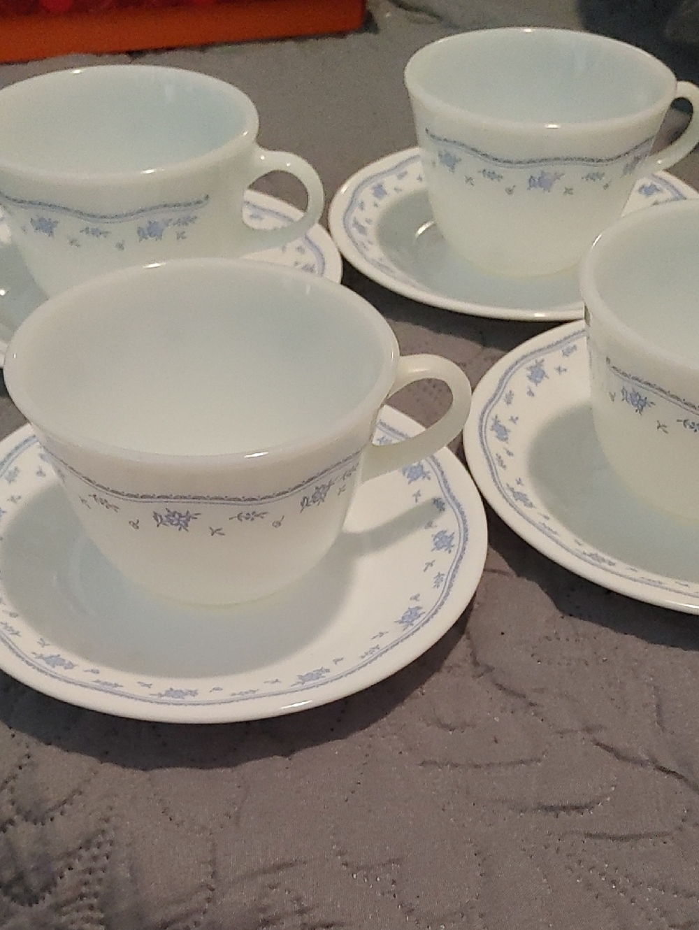 Pyrex Tea Cup Set and Saucer Set with Blue Floral Trim